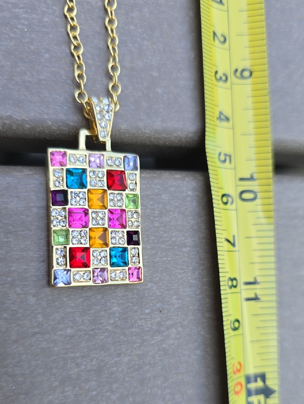 Gold Multicolor Crystal Grid Pendant Necklace - Women Jewelry
